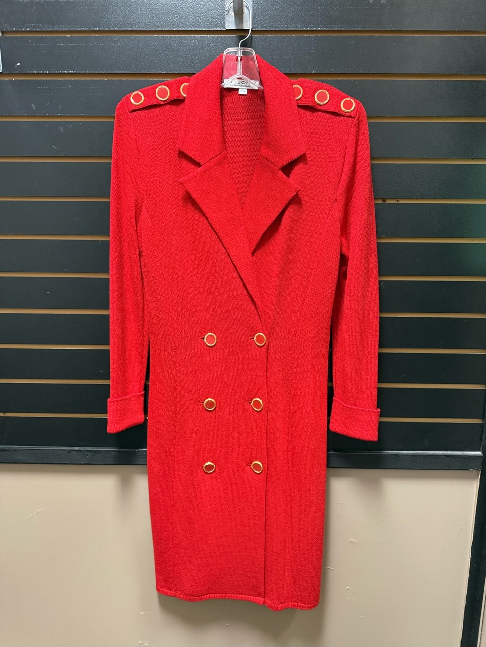 Vintage St. John by Marie Gray Red Double Breasted Knit Dress Gold Size 8 NWOT